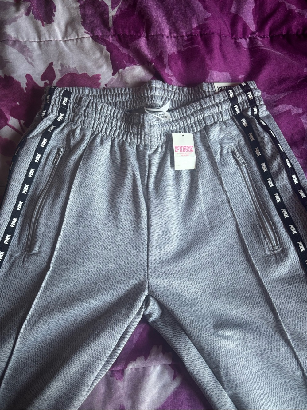 PINK Victoria's Secret Gray Logo-Trim Zip Joggers